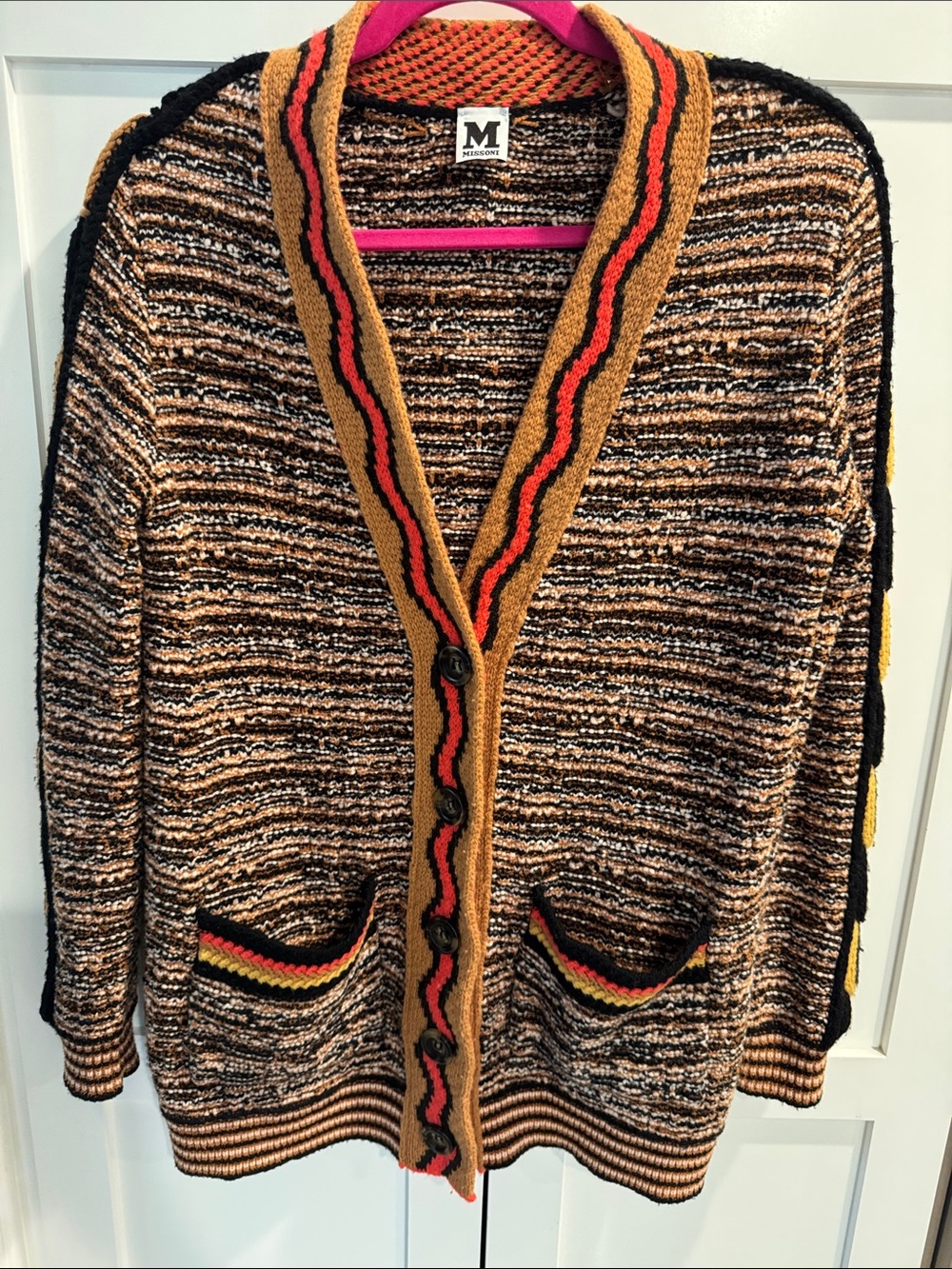 M Missoni Brown Multicolor Striped Wool Button Long Cardigan. Size Small